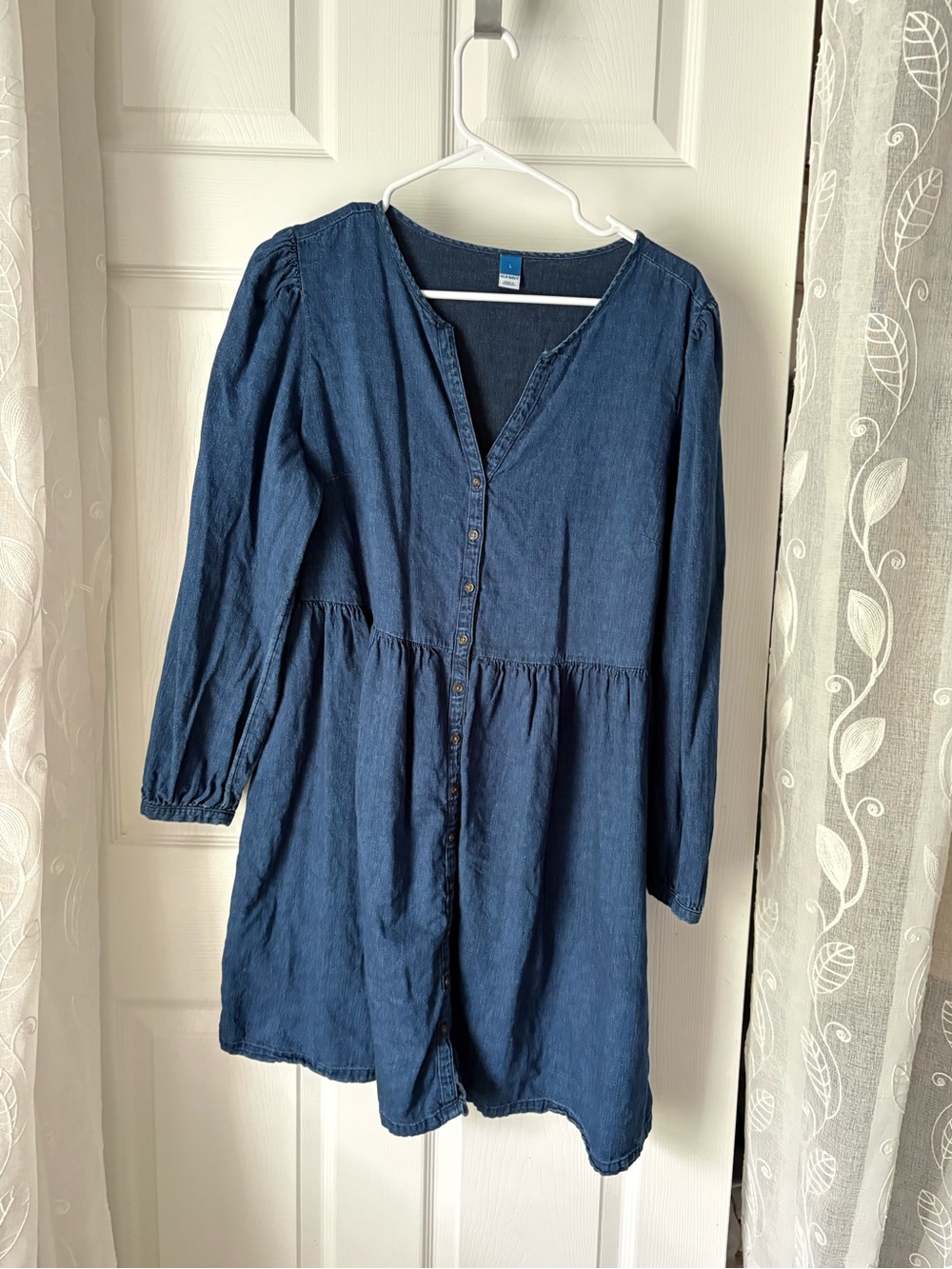 Old Navy fit flare jean mini swing shirt dress Button up Denim Tunic sz L cotton